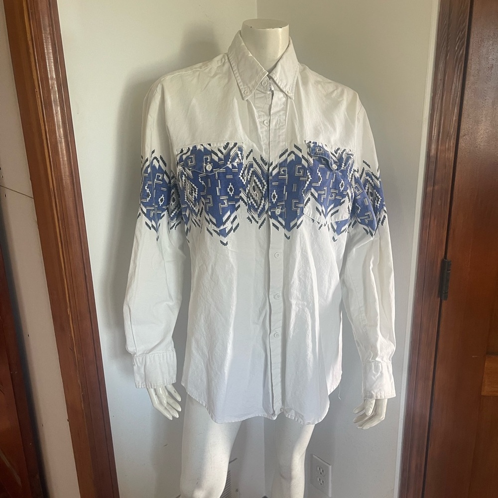 Western Stylish White and Blue Patterned Men's Shirt